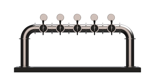 Wieża piwna z pięcioma kranami z uchwytem i dozownikiem Ilustracja 3d render pompy na białym tle