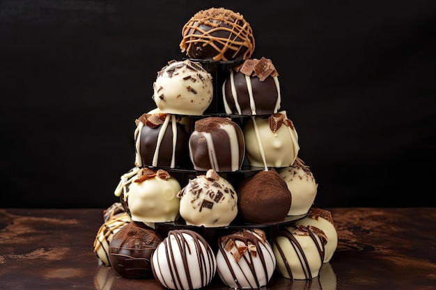 Wieża różnorodnych trufli czekoladowych z mżawką roztopionej białej i ciemnej czekolady