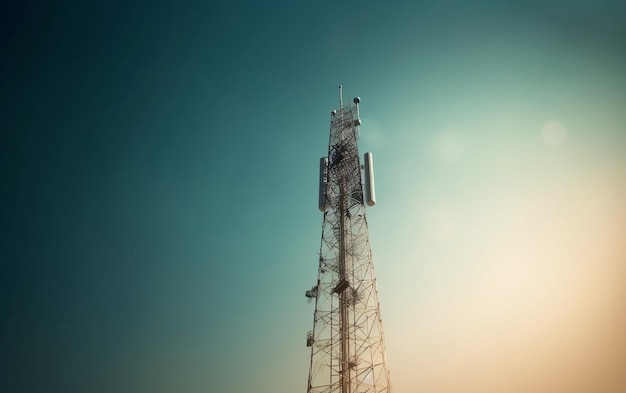 Wieża telefonii komórkowej z błękitnym niebem w tle