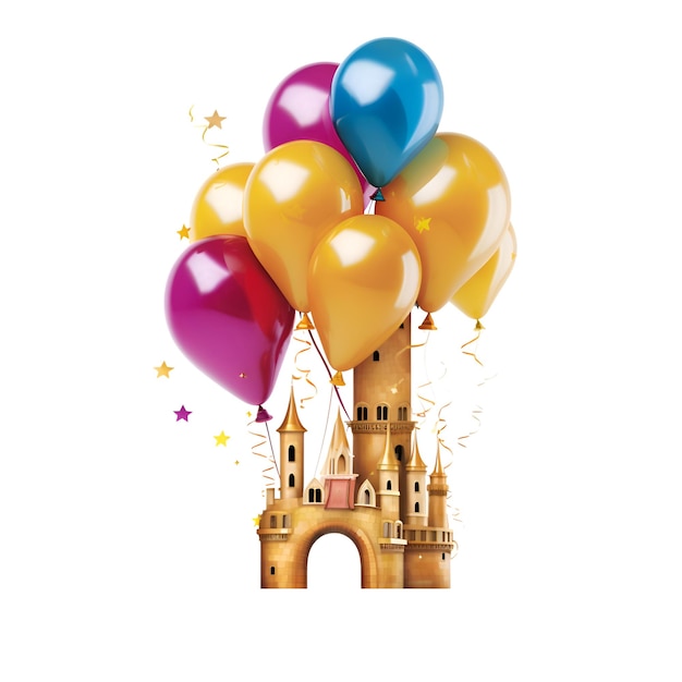 Wieża zamkowa z balonami i konfetti na białym tle