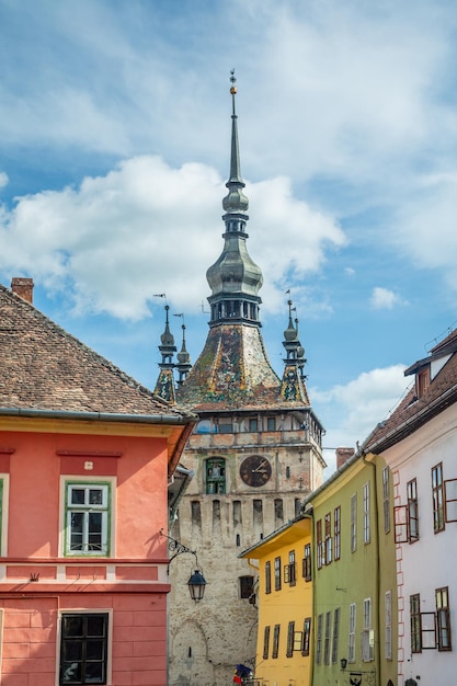 Wieża Zegarowa Sighisoara I Kolorowe Stare Domy Transylwania Rumunia