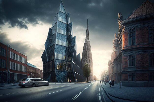 Wieże Axel w stolicy Danii widziane z miejskiego placu dla pieszych