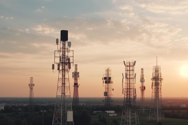 Wieże komórkowe 5G dla inteligentnego telefonu komórkowego na tle nieba