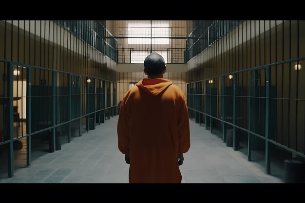 Zdjęcie więzień w pomarańczowym garniturze więziennym w korytarzu wygenerowanym przez sieć neuronową ai