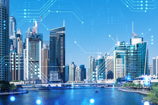 Wieżowce Dubaju centrum biznesu Międzynarodowe centrum handlu i usług finansowych Technologia tematu ikony hologram koncepcja dużych danych Podwójna ekspozycja Dubai Canal waterfront