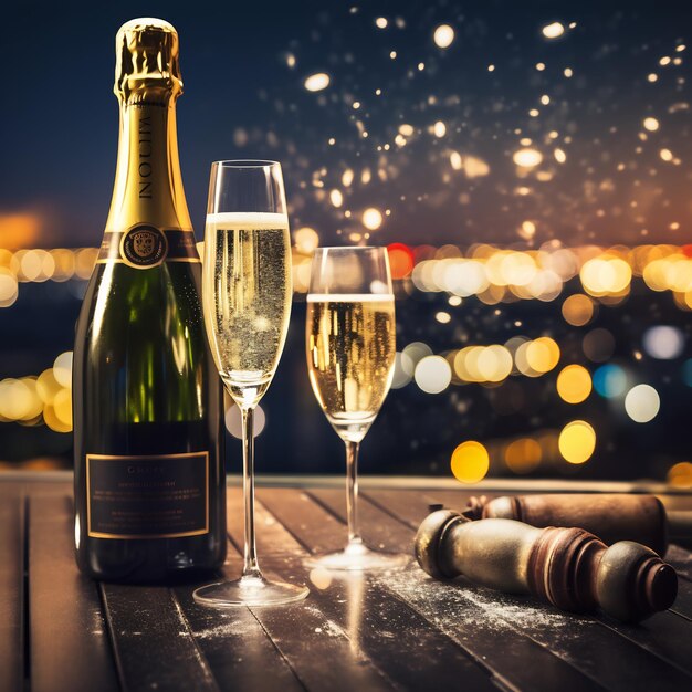 Wigilia Nowego Roku pękająca butelka szampana na balkonie z fajerwerkami na tle kolorowy
