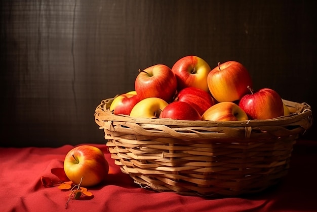 Wiklinowy kosz wypełniony jabłkami na drewnianym stole Stworzony za pomocą generatywnych narzędzi sztucznej inteligencji