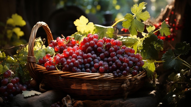 Wiklinowy kosz z winogronami i winnicą w tle