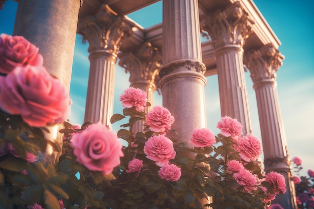 Wiktoriańska kolumna różowych róż Kwitnący wzór Wygeneruj Ai