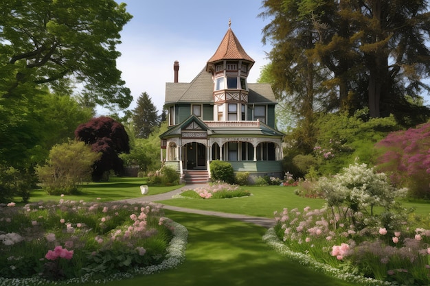Wiktoriański dom z rozległym zielonym trawnikiem i altaną otoczoną kwitnącymi kwiatami