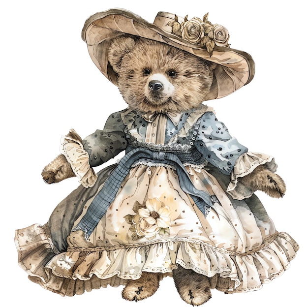 wiktoriański pluszowy niedźwiedź w beżowej sukience vintage