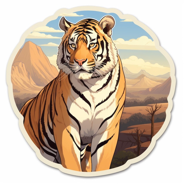 Zdjęcie wild tiger sticker górski widok z realistycznymi szczegółami