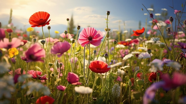Wildflower Wonderland Odkryj malowniczą scenę wiejską z dzikimi kwiatami i ziołami uchwycającymi naturalne piękno wiejskiego pola w słoneczny letni dzień