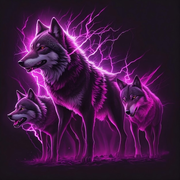 wilk i dwa wilki stoją razem w ciemnym pokoju