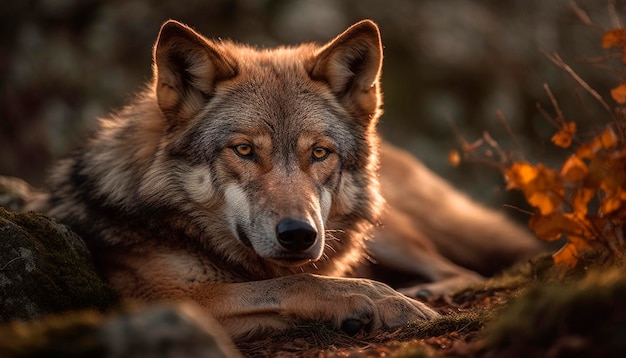Wilk leżący na ziemi w lesie
