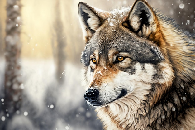 Wilk na śniegu z neutralnym tłem ukazującym szczegóły futra i pyska wilka oświetlone naturalnym światłem dziennym i żywymi kolorami śniegu Generacyjna sztuczna inteligencja