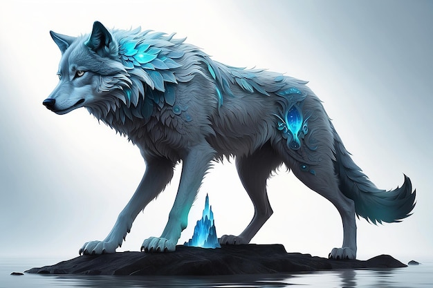 Zdjęcie wilk stojący na skale z niebieskim ogonem niebieski wilk futrzany wilk