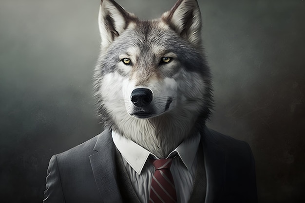 Wilk w garniturze i krawacie z napisem „wilk”.