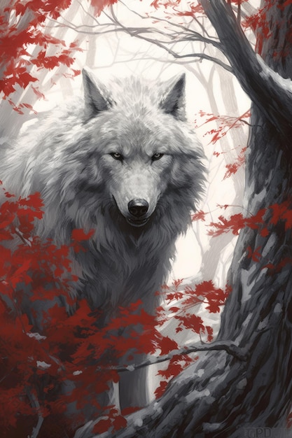Wilk w lesie z czerwonymi liśćmi