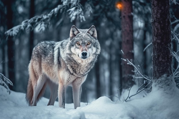 Zdjęcie wilk w zimowym lesie w nocy