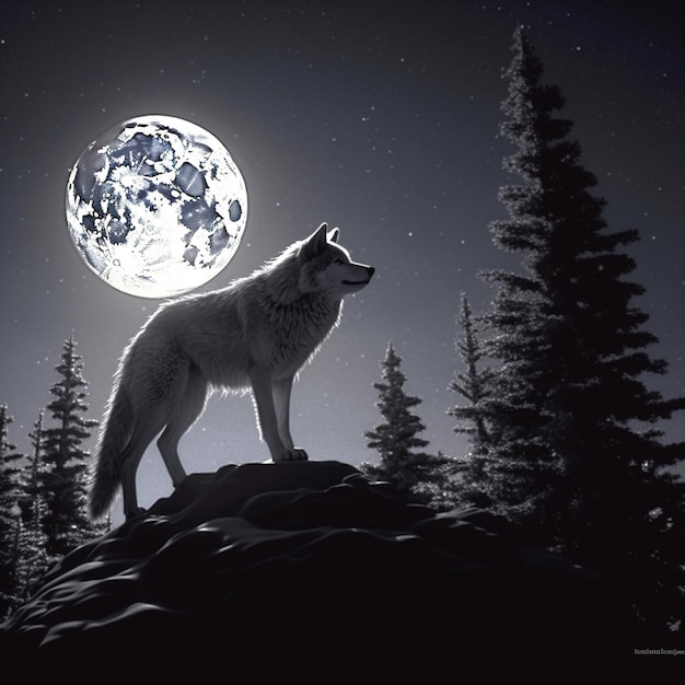 Zdjęcie wilk wyjący w noc pełni księżyca na górze
