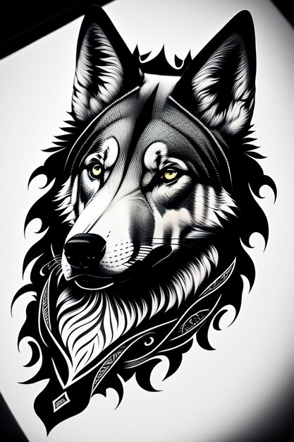 Zdjęcie wilk z czarno-białą głową i napisem wilk na przodzie.