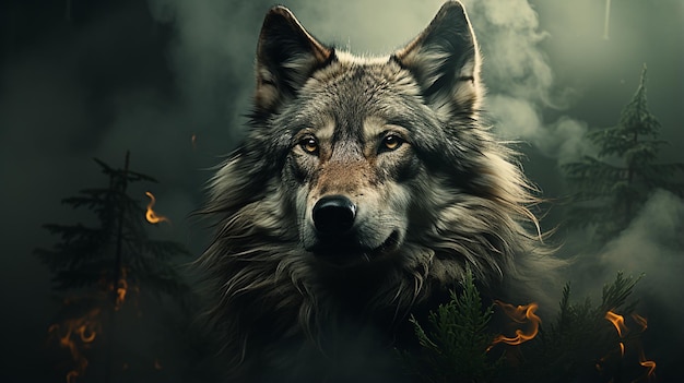 wilk z dużymi oczami w ciemnym lesie.