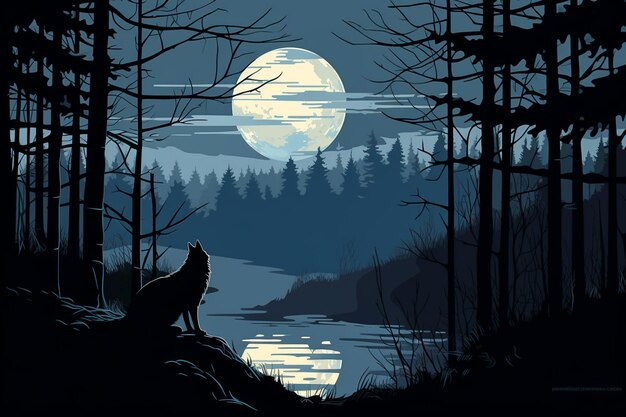 Zdjęcie wilk z księżycową nocną ilustracją lasu