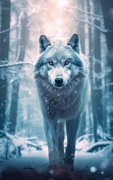Wilk z niebieskimi oczami w śnieżnym lesie spacerowym