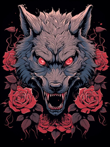 wilk z różami ilustracja ramka płaska konstrukcja do etui na kubek tshirt