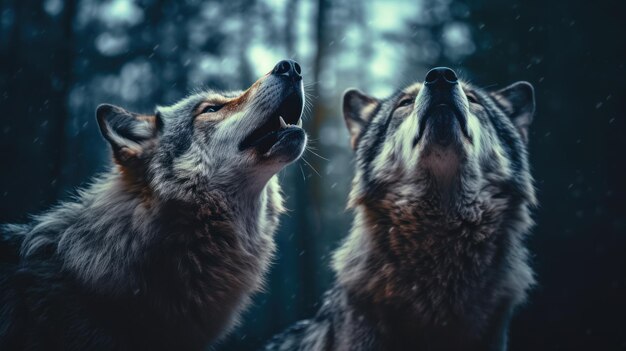 Zdjęcie wilki wyją na skale w nocy na tle lasu.