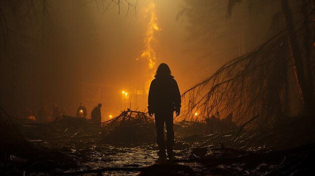 Zdjęcie wilkołak sylwetka strach horror w lesie ghoul starożytny horror bajka bestia wilk drapieżnik w mgle nocnego lasu