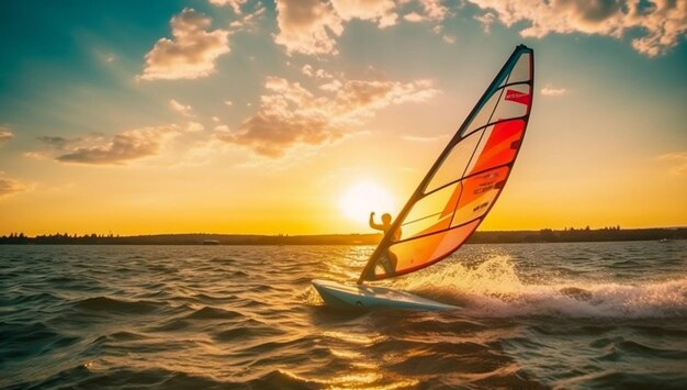 Windsurfer surfuje po wietrze na falach w jeziorze Nezyderskim w Austrii o zachodzie słońca, odmiana 5