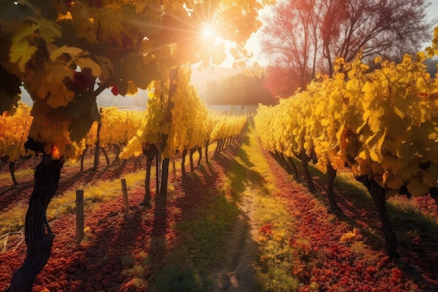 Winnica otoczona jesiennymi kolorami z ciepłym słońcem świecącym w dół