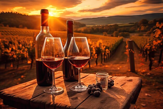 Wino martwa natura przeciwko winnicy podczas zachodu słońca Winnica w jesiennych zbiorach