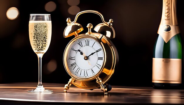 Zdjęcie wino szampana i zegar na stole na uroczystość z błyszczącym tłem bokeh copy space