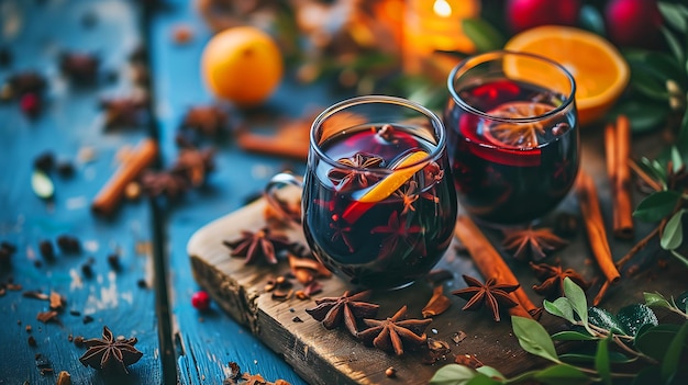 Wino w pięknych kieliszkach owoce pomarańcze cynamon świąteczna i przytulna atmosfera