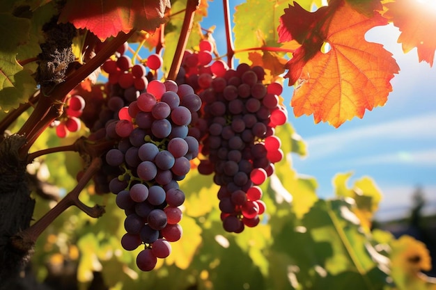 winogrona na winorośli, a słońce świeci przez liście.