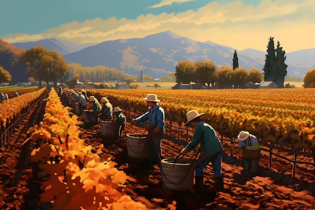 Winorośl z robotnikami zbierającymi winogrona jesienią