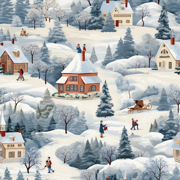 Winter's Embrace Seamless Village Scene Snowy Bliss amp Nostalgic Charm Digital Paper Art