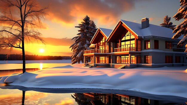 Winter Tranquility 3D Render House on Lake at Sunset (Dom nad jeziorem przy zachodzie słońca)