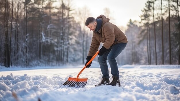 Winter Wonderland Niezmęczny wysiłek mężczyzny w oczyszczaniu lodowiska w czarującym lesie