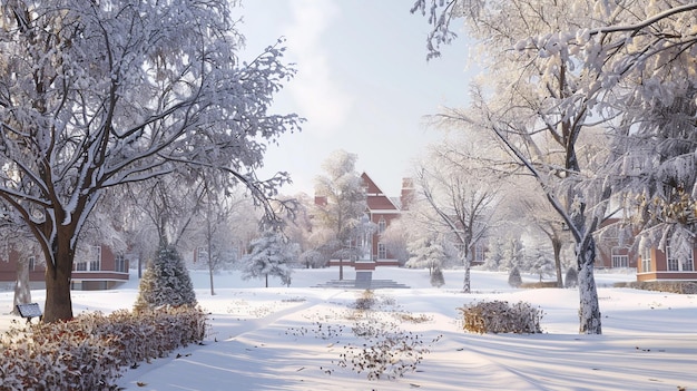 Winterland Wonder, pokryty śniegiem park z wieżą zegarową na tle