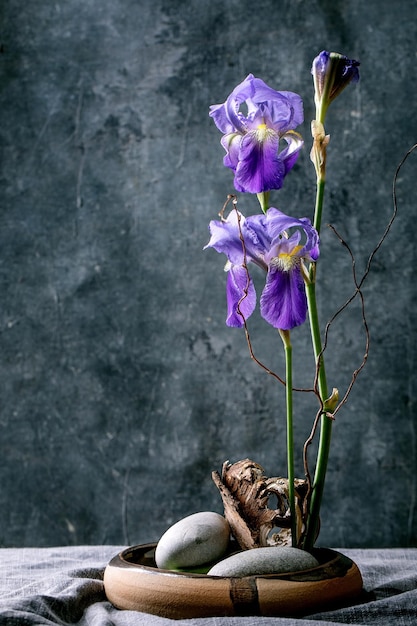 Wiosenna ikebana z kwiatami irysów