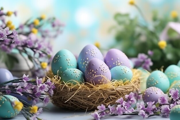 Wiosenna kompozycja z jajkami wielkanocnymi i kwiatami na niewyraźnym tle