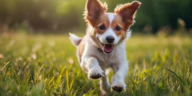 Wiosenna koncepcja letnia zabawny szczęśliwy pies szczeniak biegający w trawie