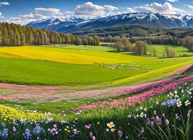 Wiosenna panorama krajobrazu z kwitnącymi kwiatami na łące