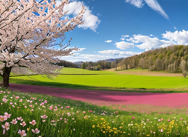 Wiosenna panorama krajobrazu z kwitnącymi kwiatami na łące