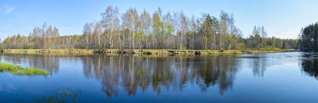 Wiosenna rzeka wśród panoramy lasów