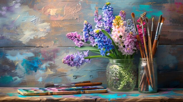 Zdjęcie wiosenna sztuka akwarela i kwiaty płaskie